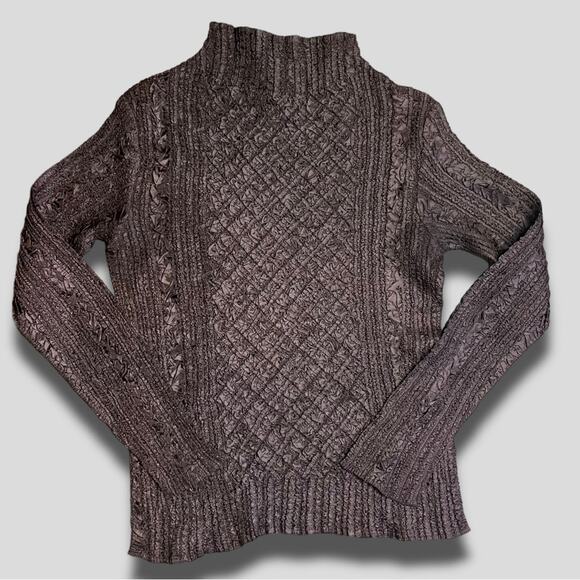WONY MOCK TURTLENECK Y2K VINTAGE POPCORN CABLEKNIT PATTERN STRETCH SHIRT BROWN S - Picture 1 of 6